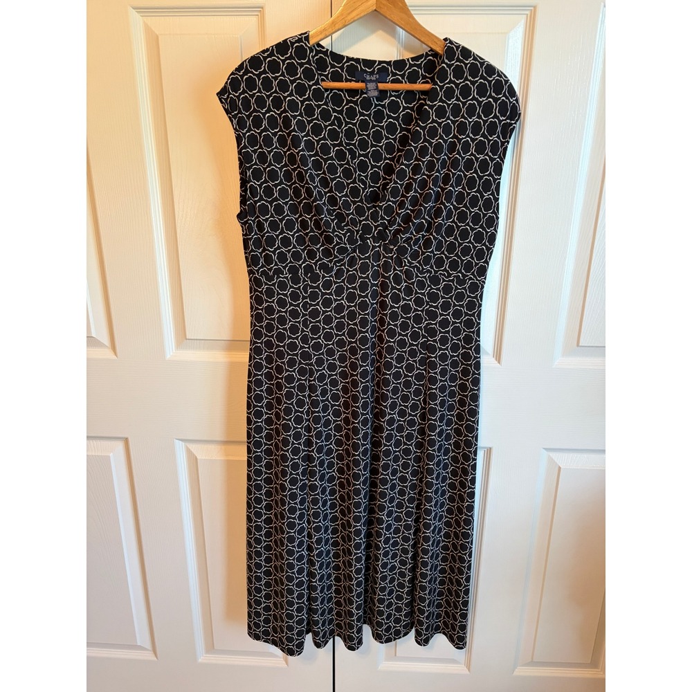Chaps Womens XL Black White Geometric Link Print V-Neck Midi A-Line Dress